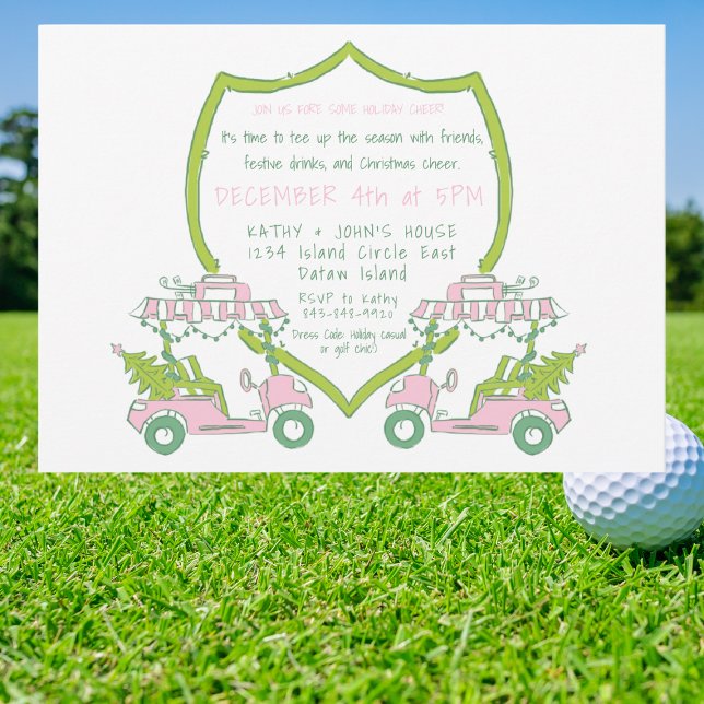 Christmas Golf Party Pink Golf Carles Green Wappen Einladung (Von Creator hochgeladen)