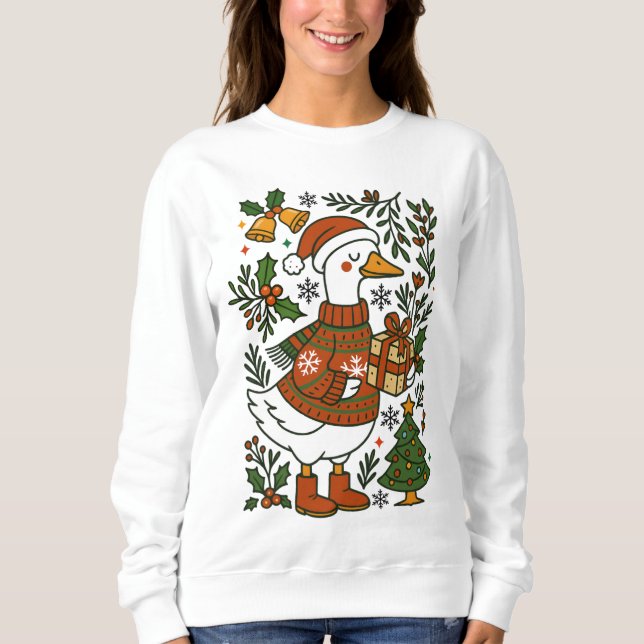 Christmas Goose Cute Winter Holiday Floral Sweatshirt (Vorderseite)