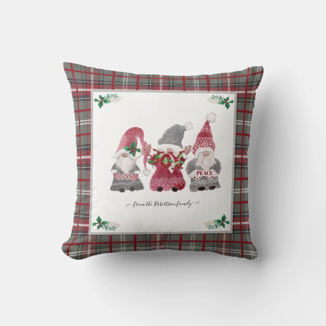 Christmas Gray Kariert Gnome Liebe Joy Peace Holly Kissen (Vorderseite)