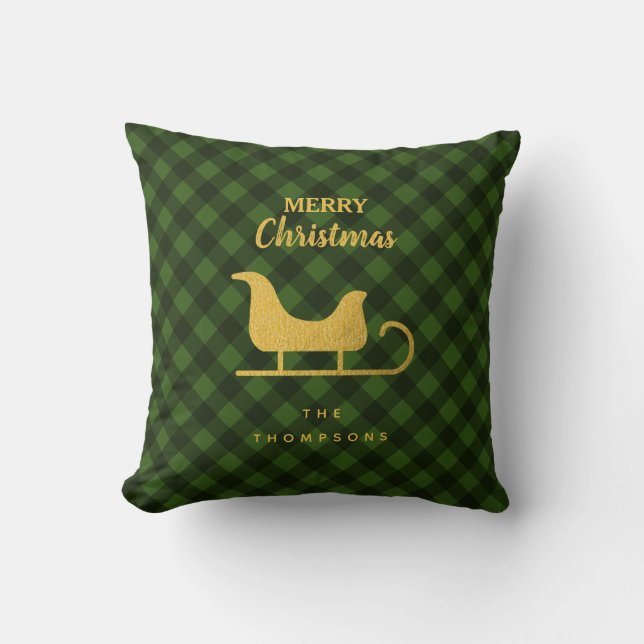 Christmas Green Black Buffalo Kariert Santa Sleigh Kissen (Vorderseite)