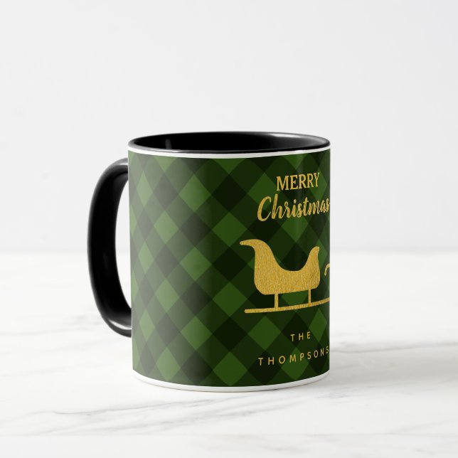 Christmas Green Black Buffalo Kariert Santa Sleigh Tasse (Vorderseite Links)