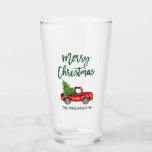 Christmas Green Brush Script Vintag Truck Glas<br><div class="desc">Brush Script Wasserfarbe Vintag Red Truck mit Weihnachtsbaum - Frohe Weihnachtsgläser</div>