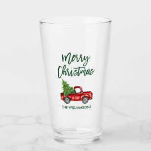 Christmas Green Brush Script Vintag Truck Glas
