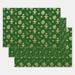 CHRISTMAS GREEN & GOLD URLAUB BÄUME ORNAMENTS GESCHENKPAPIER SET