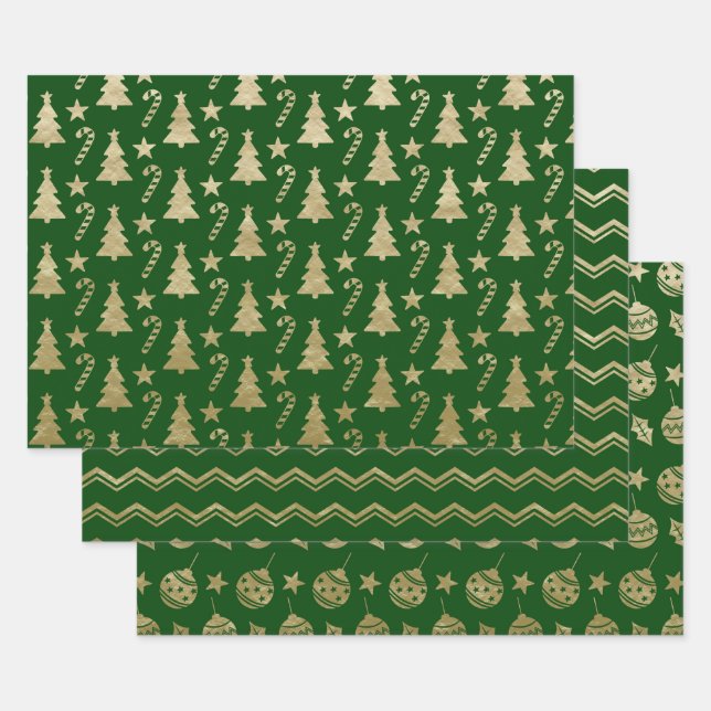 CHRISTMAS GREEN & GOLD URLAUB BÄUME ORNAMENTS GESCHENKPAPIER SET (Set)