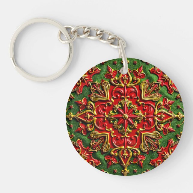 CHRISTMAS ~ Green Red Gold Bright Circle 3D ~ Schlüsselanhänger (Vorderseite)