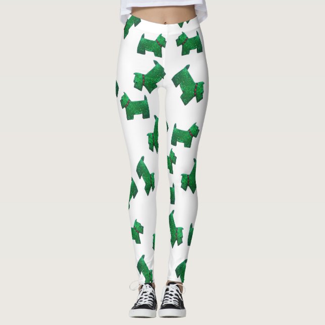 Christmas Green Scottie Terrier Button Leggings (Vorderseite)