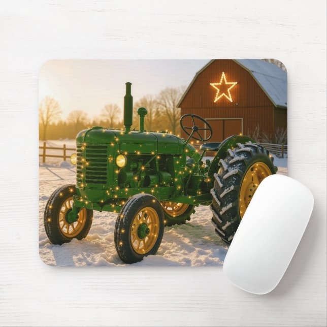 Christmas Green Tractor With Glowing Lights Mousepad (Mit Mouse)