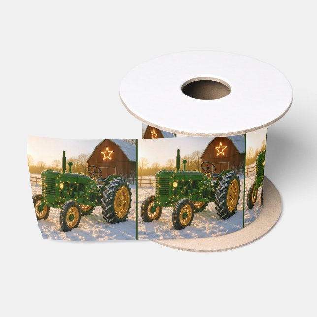 Christmas Green Tractor With Glowing Lights Satinband (Spule)