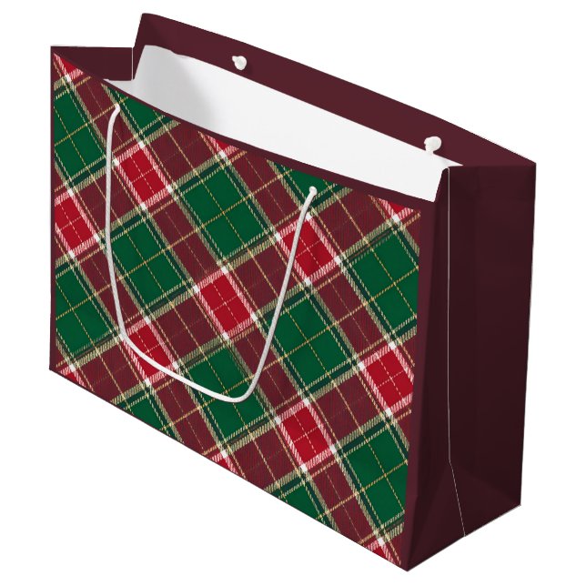 Christmas Green und Burgund Kariert Große Geschenktüte (Vorderseite Schrägansicht)