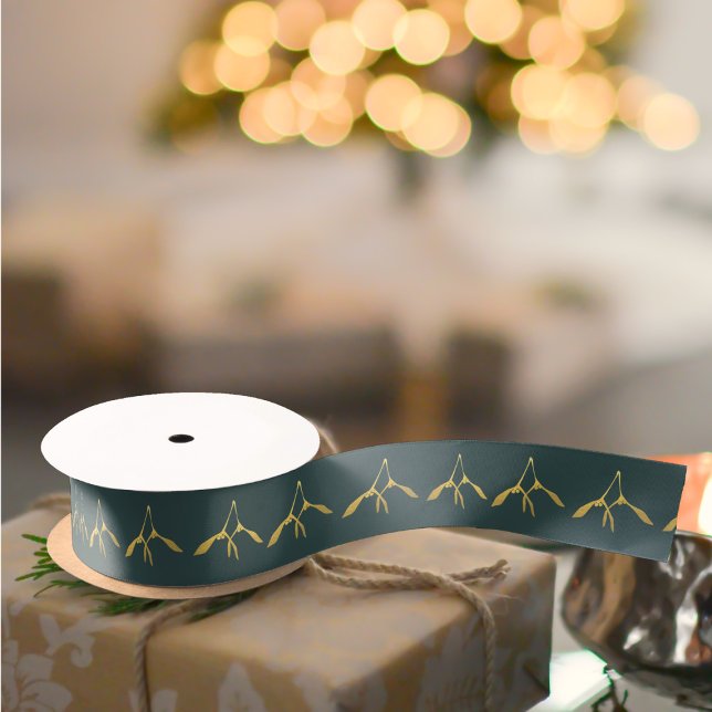 Christmas Green und Gold Mistletoe Ribbon Satinband (A festive green and gold mistletoe pattern ribbon just for you)