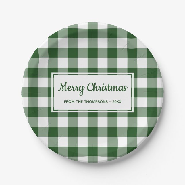 Christmas Green White Buffalo Karo mit Ihrem Namen Pappteller (Vorderseite)