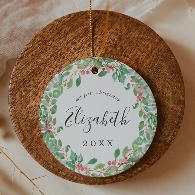 Christmas Greenery Baby's First Christmas Foto Keramik Ornament (Von Creator hochgeladen)