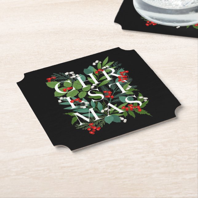 CHRISTMAS Greenery Berries Holiday Black Untersetzer (angewinkelt)