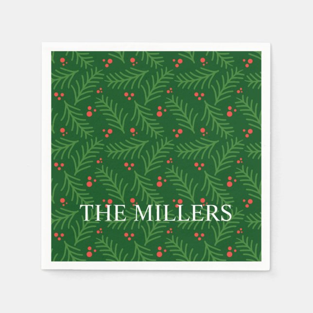 Christmas Greenery Berries NAME Festive Holiday Serviette (Vorderseite)