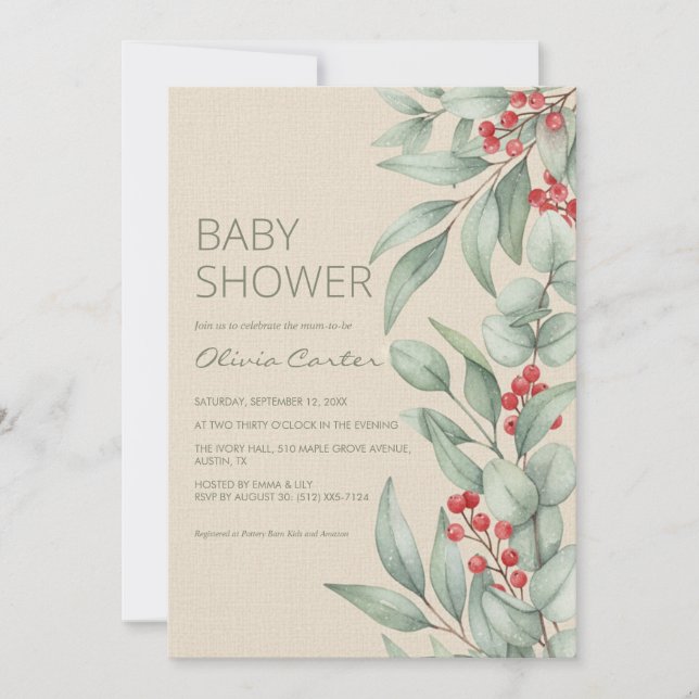 Christmas Greenery Berry Winter Baby Shower Einladung (Vorderseite)