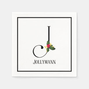 Christmas Greenery Elegant Monogram Letter J Paper Serviette