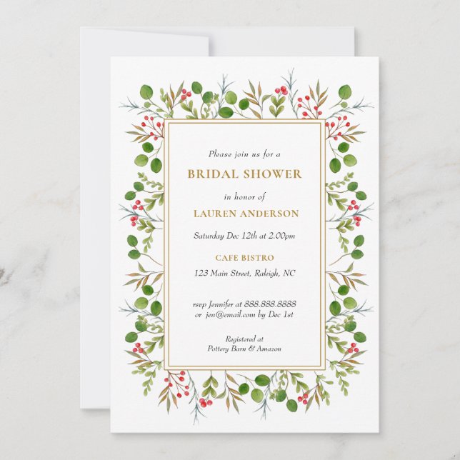 Christmas Greenery invitation de la douche nuptial (Devant)