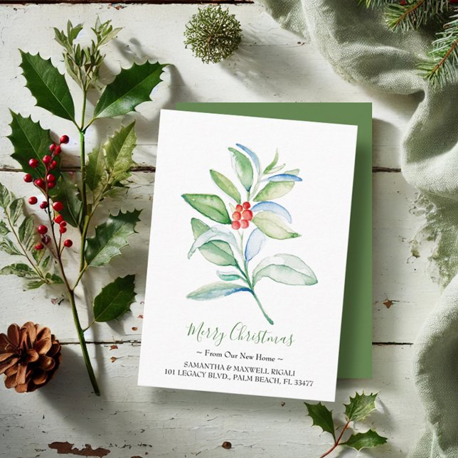 Christmas Greenery Moving Announcement Insert Card Visitenkarte (Christmas card watercolor red berries and greenery by Victoria Grigaliunas VG Invites)