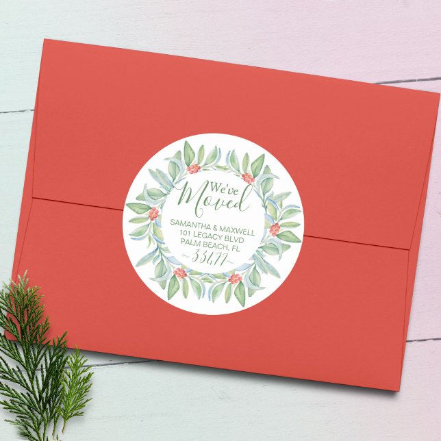 Christmas Greenery Moving Announcement Runder Aufkleber (Christmas return address labels watercolor green & red botanical art Victoria Grigaliunas VG Invites)
