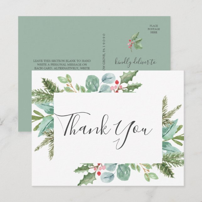 Christmas Greenery & Red Berry Danke Postcard Postkarte (Vorne/Hinten)