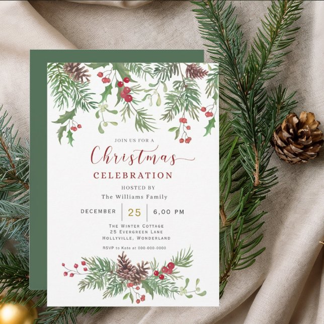 Christmas Greenery Watercolor Celebration Invitati Einladung (Von Creator hochgeladen)