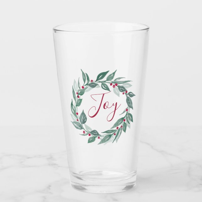 Christmas Greenery Wreath Red Berries Joy Glas (Vorderseite)
