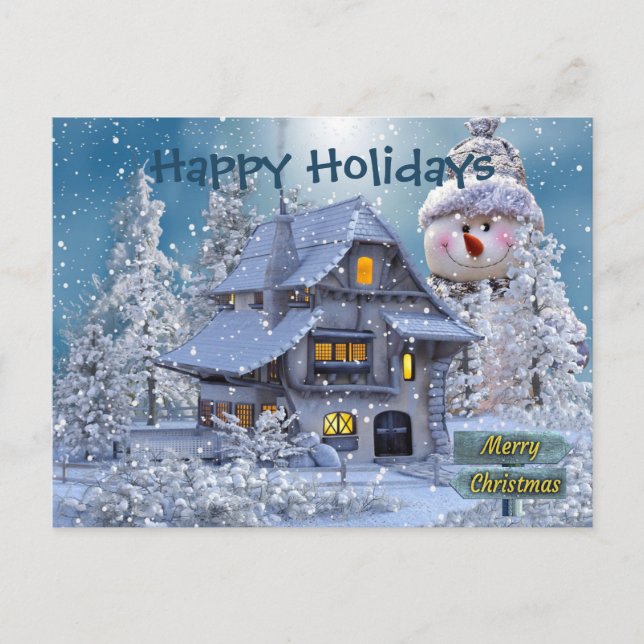 Christmas Greeting Winter Snowman Blue Rustic Postkarte (Vorderseite)