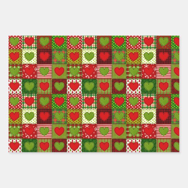 Christmas Hearts Patchwork-Quilt-Wrappingsbögen  Geschenkpapier Set (Vorderseite)