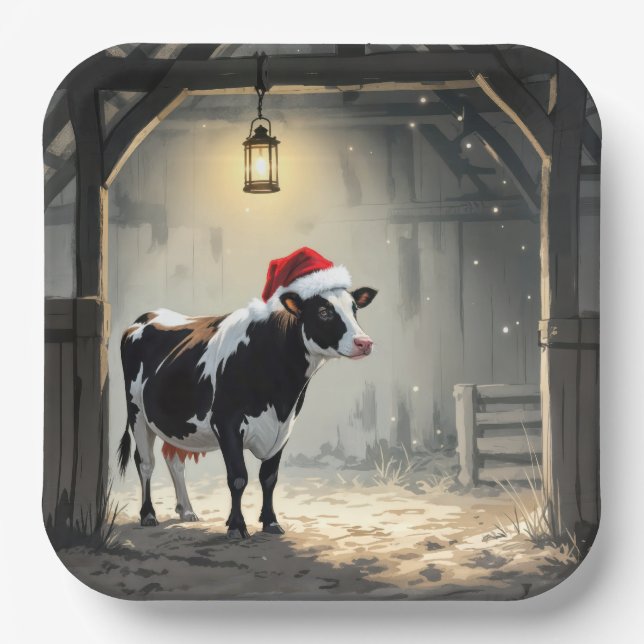 Christmas Hereford Cow In Barn Doorway Pappteller (Vorderseite)