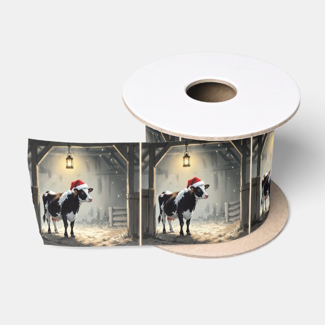 Christmas Hereford Cow In Barn Doorway Satinband (Spule)