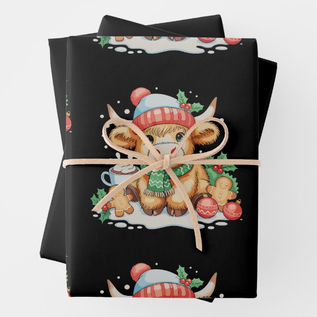 Christmas Highland Cow Cute Heifer Mooey Santa Hat Geschenkpapier Set (Beispiel)