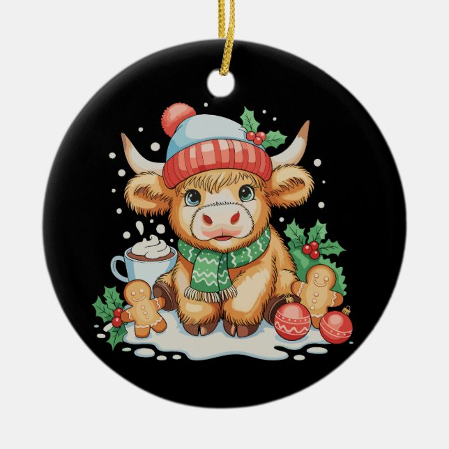 Christmas Highland Cow Cute Heifer Mooey Santa Hat Keramik Ornament (Vorne)