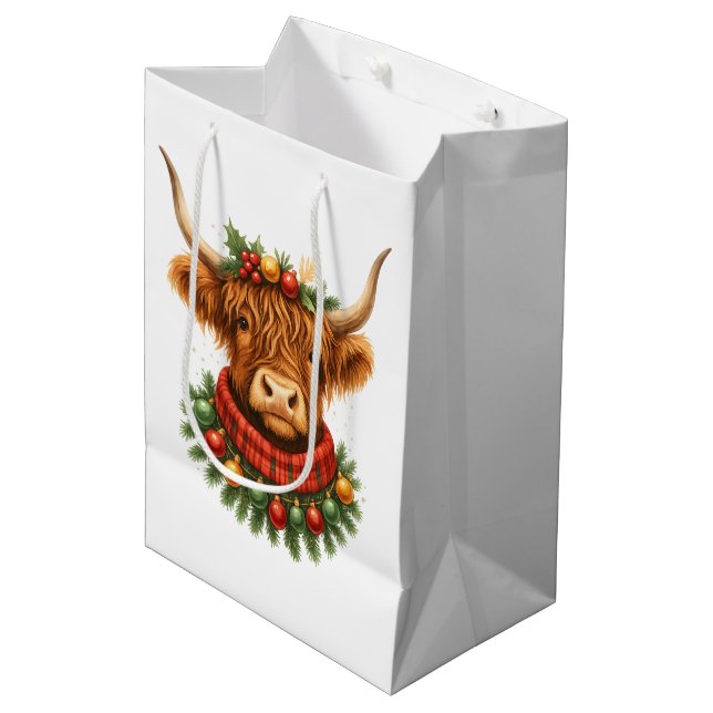Christmas Highland Cow  Mittlere Geschenktüte (Vorderseite Schrägansicht)