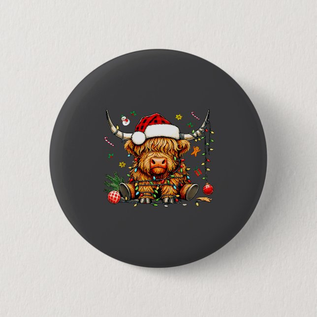 Christmas Highland Cow Xmas Santa Hat Wooly Farm A Button (Vorderseite)