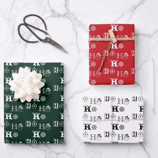 Christmas Ho Ho Ho rotes weißes, dunkelgrünes Must Geschenkpapier Set (Vorderseite)
