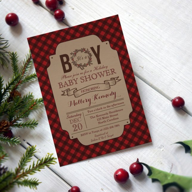 Christmas Holiday Boy Plaid Baby shower Invitation (Créateur téléchargé)