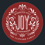 CHRISTMAS HOLIDAY CHALK ART ORNAMENT STICKERS<br><div class="desc">WÜNSCHEN SIE SICH UND GLÜCKLICH: Helle und fröhliche Kalkboard-Stil Weihnachtsschmuck mit Retro-Banner, Vintage rot-weiß Typografie, und extravagante Wirbel. Personalisieren Sie dieses dekorative ROUND-Label mit Ihrem Familiennamen oder Ihren persönlichen Gruß. Perfekt zum Abdichten von Umschlägen oder als Geschenketiketten. Moderne, klassische, moderne und stilvolle Art und Weise, um angesagte, fröhliche Winterurlaub Wünsche...</div>