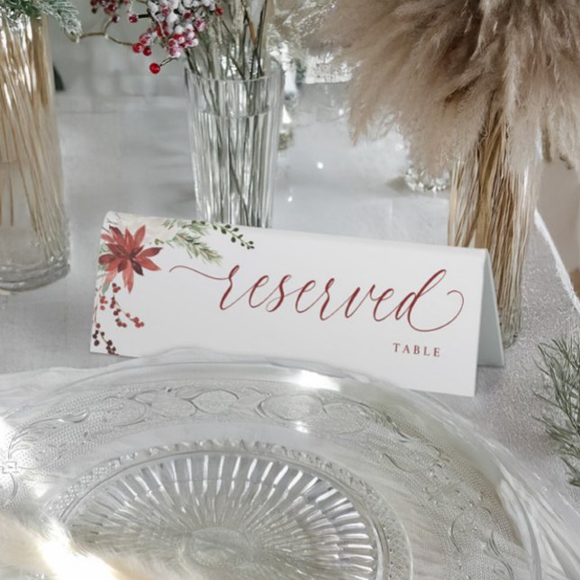 Christmas Holiday Elegant Reserved Tischaufsteller (Elegant Christmas reserved tent sign with watercolor holly berries, greenery, and floral accents.)