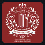 CHRISTMAS HOLIDAY JOY CHALKBOARD ADRESSE STICKERS<br><div class="desc">FREUEN SIE SICH: Helle und fröhliche kalkförmige Weihnachtsschalkpappe mit Retro-Banner, Vintager rot-weißer Typografie und extravaganten Wirbel. Personalisieren Sie diesen dekorativen SQUARE-Aufkleber als Rücksendeaufkleber mit Ihrem Familiennamen oder Ihrer persönlichen Nachricht. Perfekte Dekoration zum Siegel aller Ihrer Grußkarten-Umschläge. Zeitgenössische, klassische, moderne und stilvolle Art und Weise zu schicken angesagte fröhliche Winterurlaub Grüße...</div>