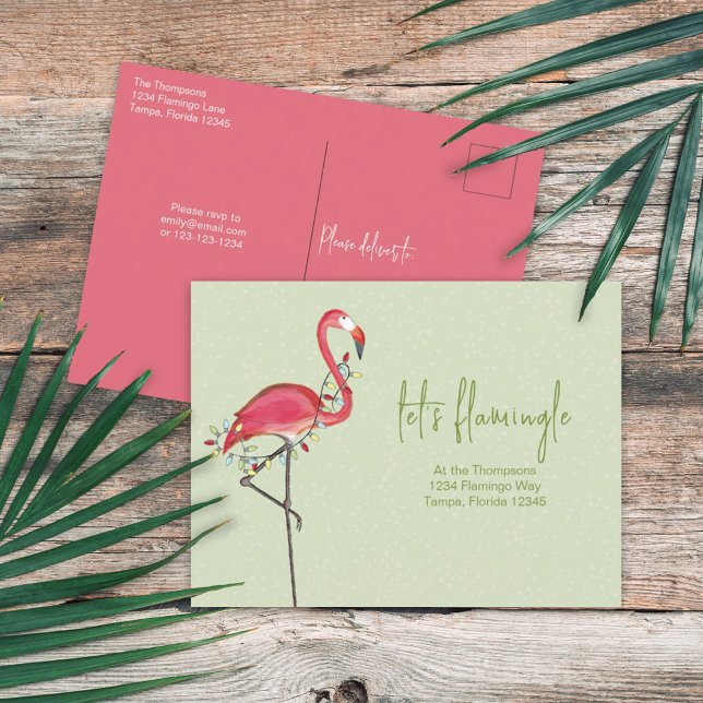 Christmas Holiday Lights Pink Festive Flamingo Inv Postkarte (Von Creator hochgeladen)