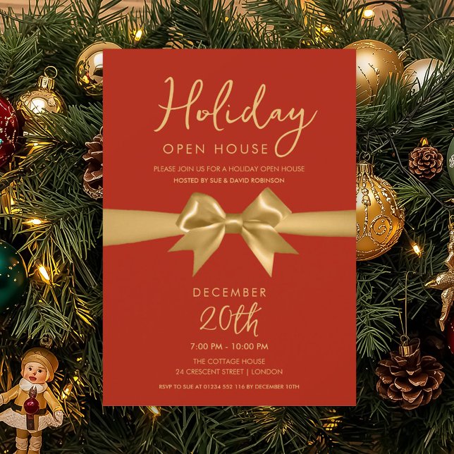 Christmas Holiday Open House Gold Bow Red  Einladung (Christmas Holiday Open House Gold Bow Red Invitation)