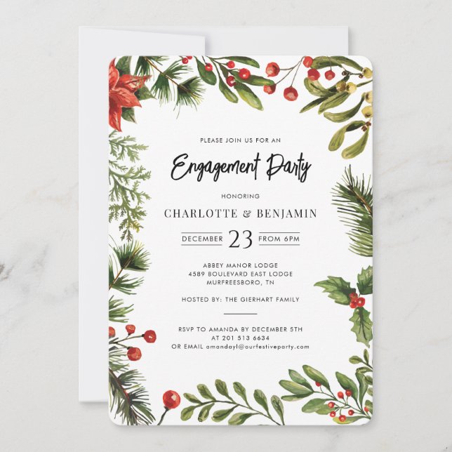 Christmas Holiday Red Berries Engagement Party Einladung (Vorderseite)