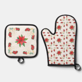 Christmas Holiday Red Poinsettia and Gold Ofenhandschuh & Topflappen-Set