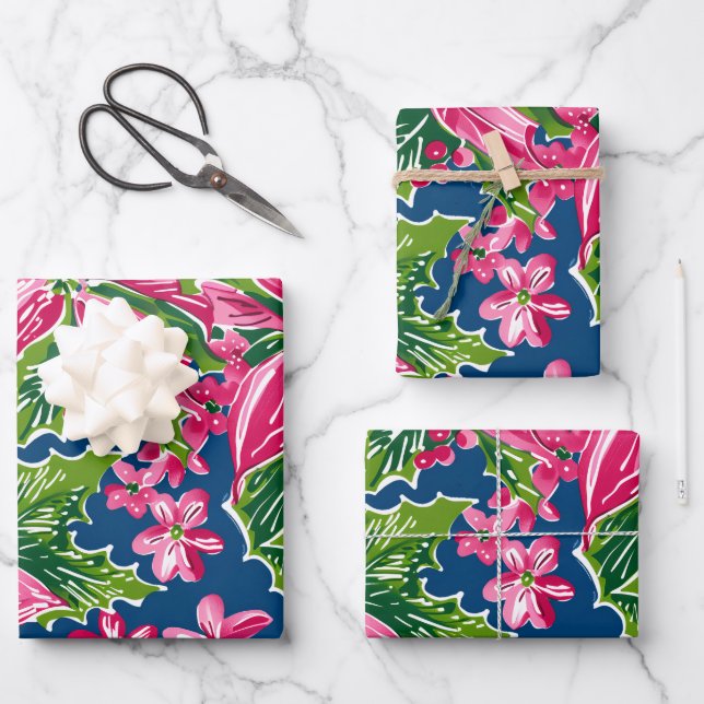 Christmas Holly And Flower Patterned  Geschenkpapier Set (Vorderseite)