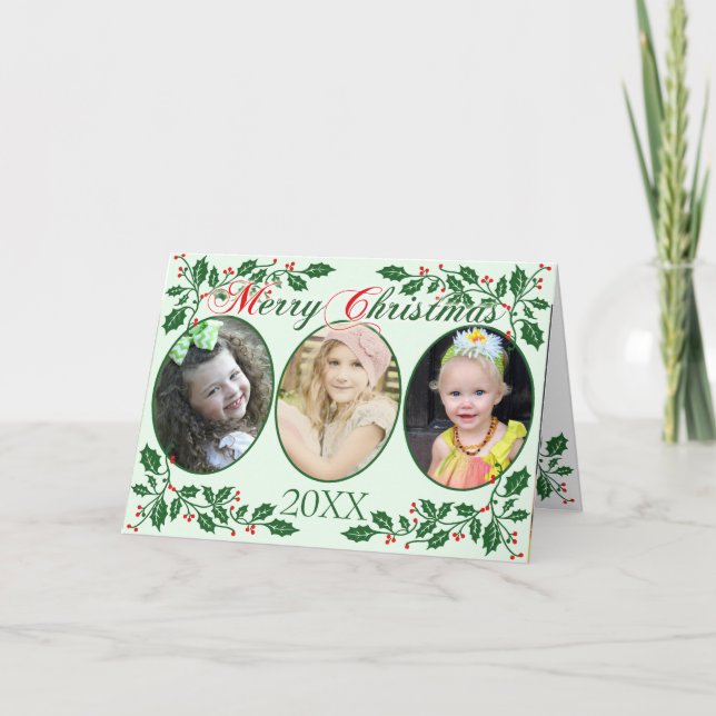 Christmas Holly Berries Custom Foto Feiertagskarte (Vorderseite)