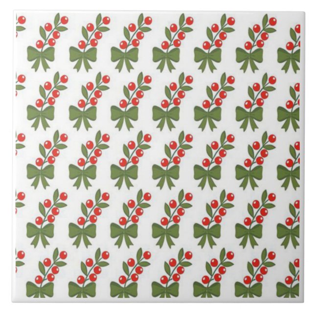 Christmas Holly Berries & Green Bow Pattern Fliese (Vorderseite)