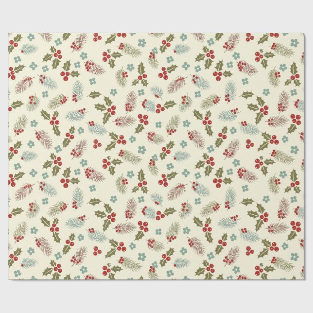 Christmas Holly Berries & Pine Seamless Pattern Geschenkpapier (Flach)