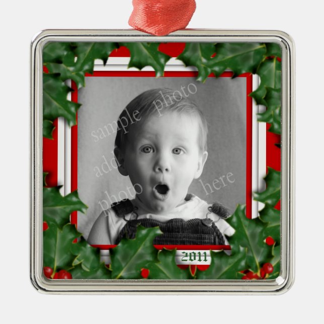 Christmas Holly, Cadre photo, Ornement de ruban ro (Devant)