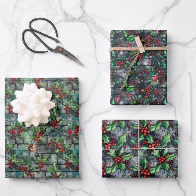 Christmas Holly Graffiti Geschenkpapier Set (Vorderseite)